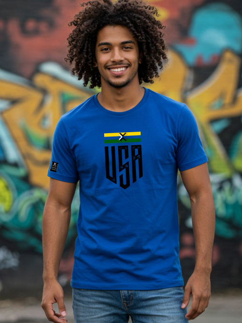 Camiseta Masculina USA Escudo e Bandeira - Azul Royal